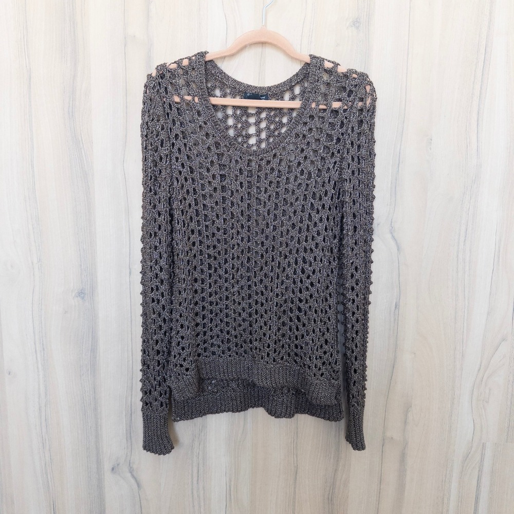 Lucky Brand Womens Crochet Open Knit Sweater L Brown Metallic Boho Whimsigoth